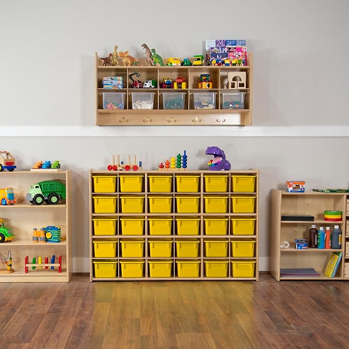 Wood Designs Cubby Storage Bin, Heavy Duty Plastic Containers for Kids Yellow Cubby Tray Set of 10