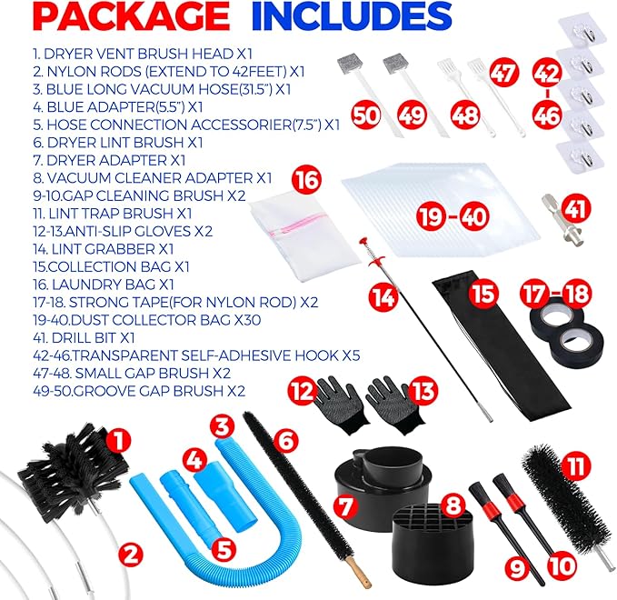 Holikme Dryer Vent Cleaner Kit Dryer Cleaning Tool Include Dryer Vent Brush, Omnidirectional Blue Dryer Lint Vacuum Attachment Dryer Lint Trap Brush, Vacuum & Dryer Adapters