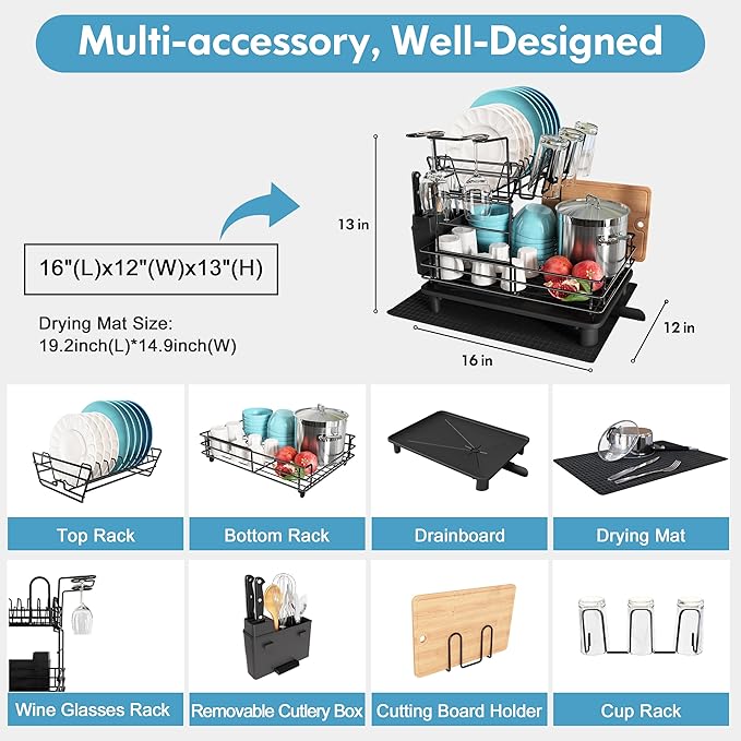 JASIWAY 2 Tier Black Large Stainless Steel Dish Drainers Drying Rack for Kitchen Counter with Drainboard, Rust Proof Metal, Space Saving, Modern Aesthetic, Compact Plates Strainers with Extra Mat
