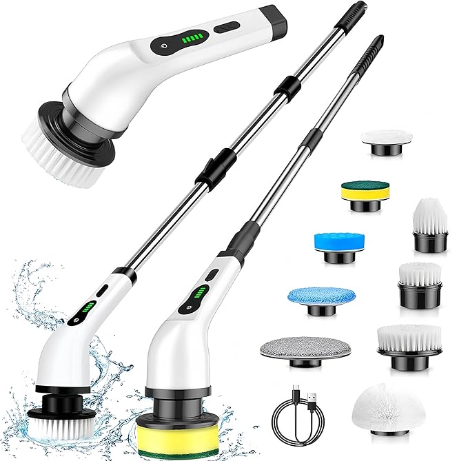 Electric Spin Scrubber, Cordless Cleaning Brush with 9 Attachment Shower and Grout Cleaner, Adjustable Extension Handle, IPX7 Waterproof for Tile Floor Tub Car (White)