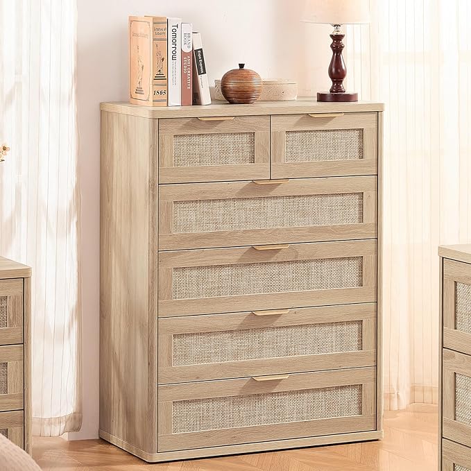 LEYAOYAO Rattan Dresser for Bedroom Set of 2, 42" Tall Chest of Drawers, Modern 6 Drawers Boho Dressers with Storage, Light Oak Dresser Wooden Closet Organizer for Living Room, Hallway, Natural Wood