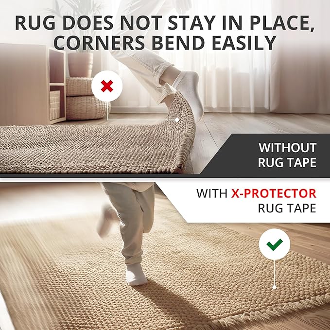 X-Protector Rug Tape - 8 Pcs Set - White Anti-Slip & Anti-Curling Carpet Tape for Hard Floors - Premium Rug Pad Gripper - Ideal Carpet Corner Grippers to Keep Your Carpet in Place & Make Corners Flat