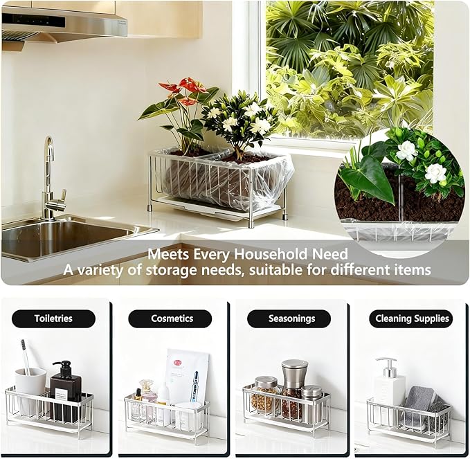 Kavciva Sink Caddy Sponge Holder,304 Stainless Steel Dish Brush Holder,Kitchen Countertop Sink Rack,Dish Soap Holder,Dishwashing Tool Drying Tray with Adjustable Partitions,Essential Kitchen Shelves