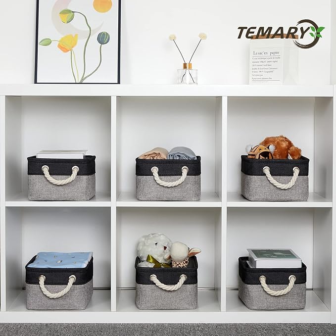 Temary Fabric Storage Baskets 6 Pcs Small Cloth Basket for Shelves Collapsible Decorative Storage Organizer Small Canvas Storage Bins with Handles (Black,11.8L x 7.9W x 5.3H inches)