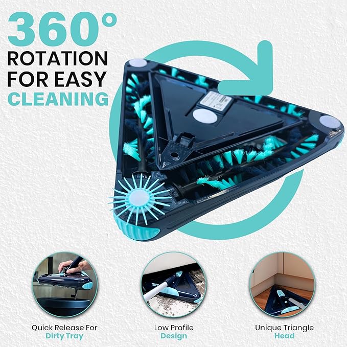 Zippi Sweeper Max Plus - 2025 Version Lightweight Sweeper, Triangular Design Allows for Sweeping in Corners, Perfect for Short Carpet Hardwood and Tile, LED Light, 1 Hr Cleaning Time