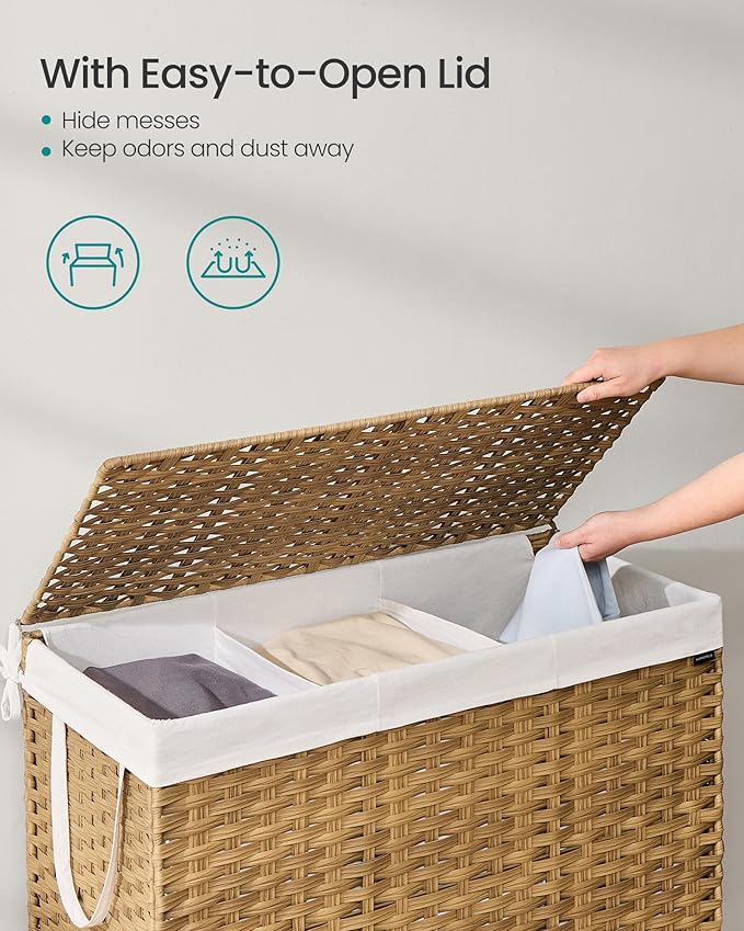 SONGMICS Laundry Hamper with Lid, 52.8 Gallon (200 L) Synthetic Rattan Clothes Laundry Basket with Lid and Handles, Foldable, Removable Liner, Goose Yellow ULCB320Y01