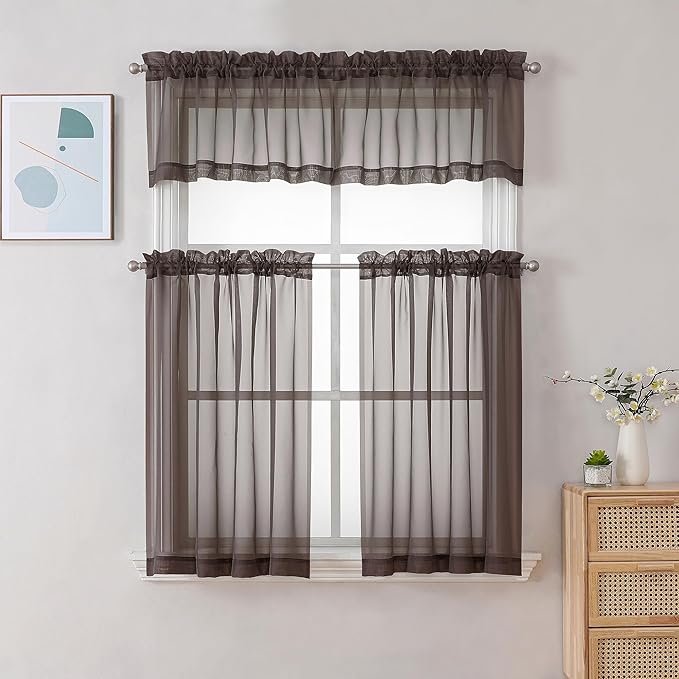 Chyhomenyc Chocolate Brown Sheer Curtains 30 inch Length 2 Panels, Light Filtering Voile Rod Pocket Short Window Curtians for Bathroom Living Room Farmhouse Small Windows, 42Wx30L inches