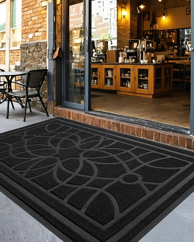 DEXI Front Door Mat Outside Entrance, Heavy Duty Non Slip Low Profile Doormat for Entryway, Trap Dirt and Moisture Welcome Mats, Easy Clean, Patio, Garage, 6x4, Black