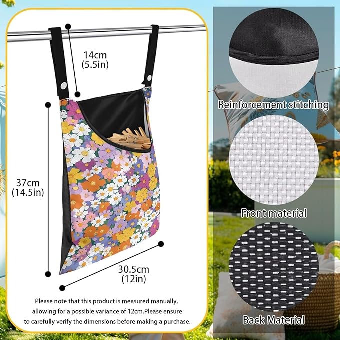 2 Pcs Pin Bag, Hippie Flower Print Hanging Bag with Large Opening Washable Clothes Pin Hanging Bag Easy to Use Storage Clothes Pins & Wooden Clothespins for Outdoor