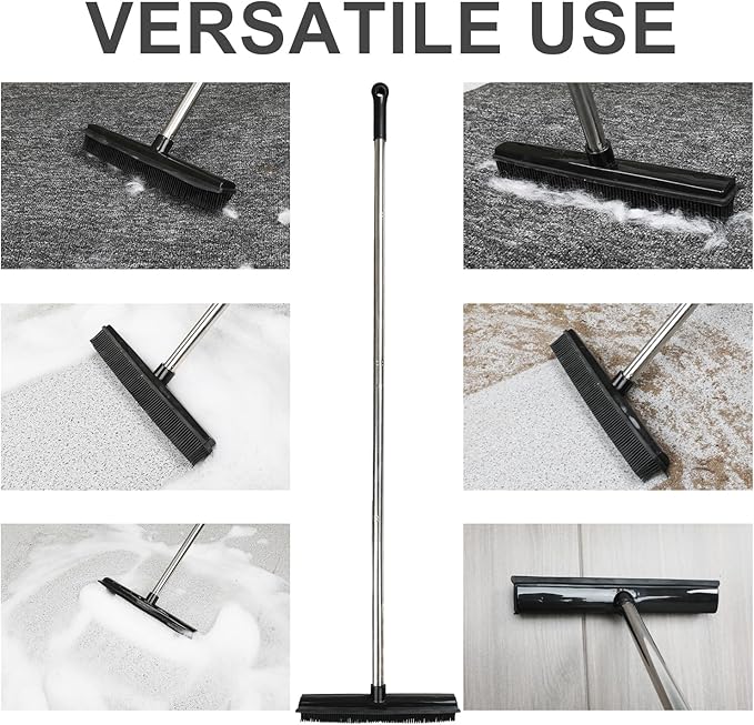 Rubber Broom and Dustpan Set,Pet Hair Removal Rubber Broom with Squeegee and Stainless Steel Dust Pan,Carpet Rake Push Broom and Dustpan for Fluff Hardwood Floor Tile (Black)
