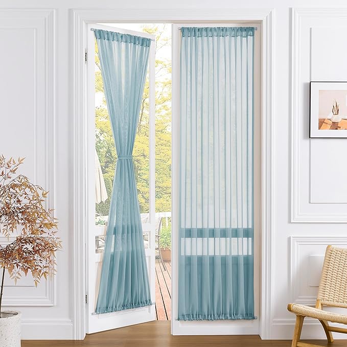 Tollpiz Sheer Door Curtains Closet Linen Textured Curtains Sheer Doorway Light Filtering Voile Rod French Door Pocket Curtain Patio Door, 25 x 72 inches Long, Dusty Blue, Set of 1 Panel