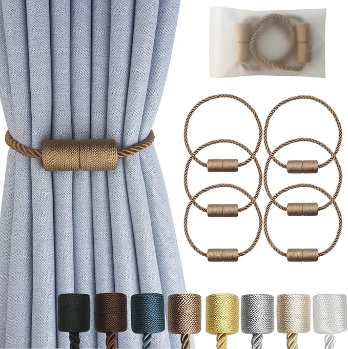 Magnetic Curtain Tiebacks 6 Pack Khaki Curtain Rope Tieback Curtain Holders for Drapes Modern Tie Backs Decorative Curtain Holdbacks