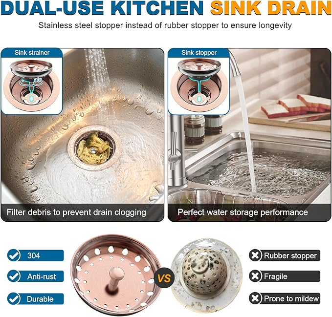 BOTEMY Stainless Steel Copper Sink Drain Strainer Kit 3-1/2 inch Kitchen Drain Assembly with Metal Center Knob Basket Stopper Replacement for Standard Kitchen Sinks, Antique Copper