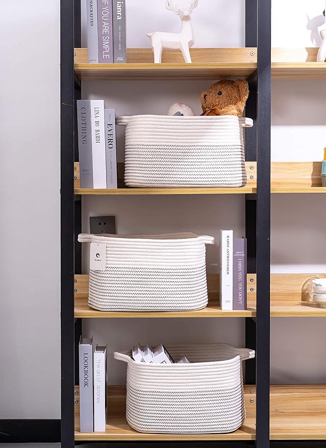 Medium and Large Woven Basket//With Handle, Used for Toys and Fabric Storage Basket used for Storing xl Storage Box, Decorative Storage Box Room 2pack (14L*10W*8.6H White/Black Line, 14Lx10Wx8.6H)