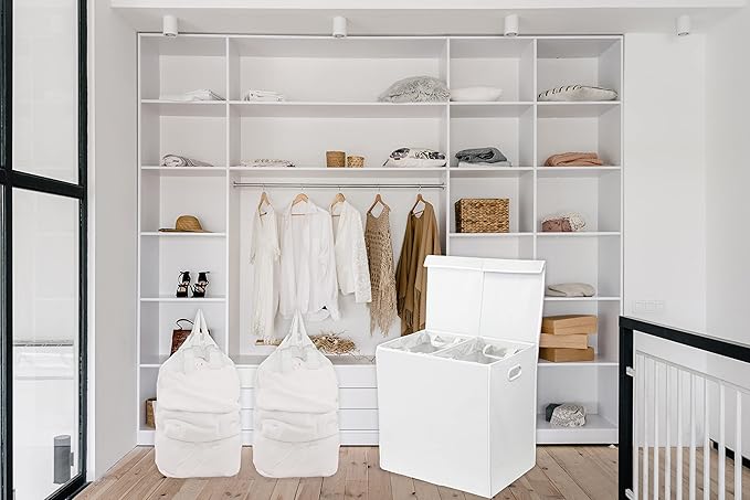Simple Houseware Double Laundry Hamper with Lid and Removable Bags, White