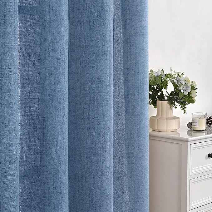YoungsTex Denim Blue Linen Curtains 90 Inch Length for Living Room, Light Filtering Semi Sheer Window Drapes Rod Pocket Back Tab Curtain Extra Long for Bedroom Office Privacy, 2 Panels, 52 X 90 Inch