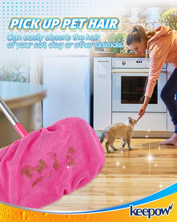 KEEPOW 6 Pack Reusable Mop Pads Compatible with Swiffer Sweeper, Coral Fleece Pink Washable Swiffer Mop Pads, Dry & Wet Sweeping Mopping Cloths (Pink, Not Included Mop)