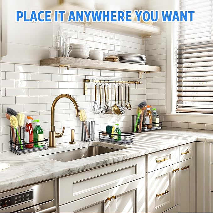 Sponge Holder for Kitchen Sink with Instant Drying Stone, Sponge Caddy, Stainless Steel Sink Caddy Organizer with Brush Holder, Dish Soap Dispenser, Kitchen Sink Accessories & Storage Rack