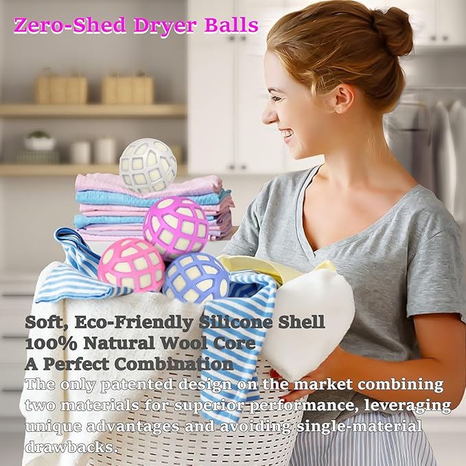 Dryer Balls – Patented Silicone Guard, Natural Wool Core, Super Anti-Tangle & Saves Drying Time, Reduces Static & Noise, Natural Fabric Softener, XL 3" (Pink Light Blue Lavender, Pack of 6)