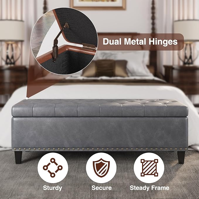 Storage Ottoman Bench, 51-Inch Large Storage Ottoman for Bedroom End of Bed, 30 Gallons Faux Leather Bench for Bedroom, Living Room, Entryway, Hallway, Grey