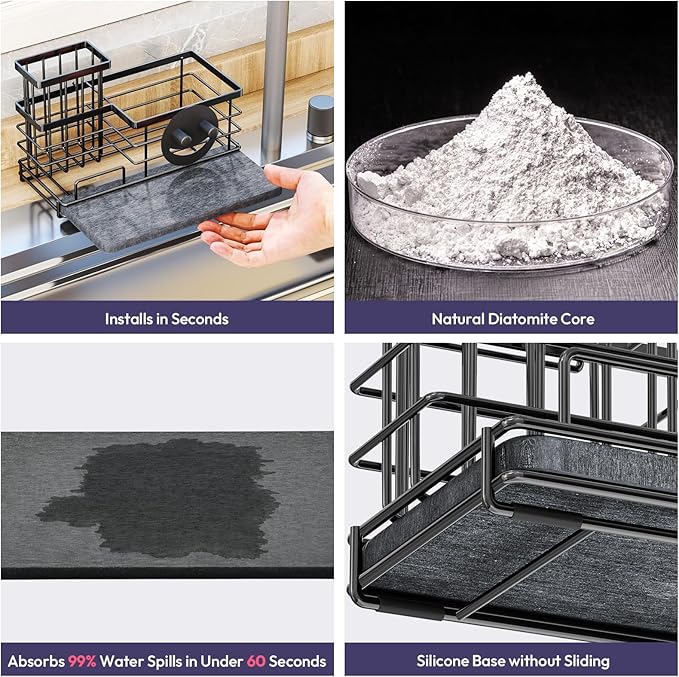 SWTYMIKI Kitchen Sink Caddy Organizer, Quick Dry Smiley Face Sponge Holder with Instant Drying Stone, Large Rustproof Sink Organizer for Kitchen Countertop Organization, Black