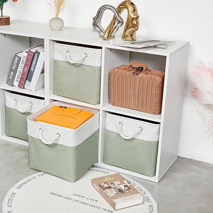13 x 13 Inch Extra Large Storage Cubes,6 Pack Cube Storage Bins for Shelves，Fabric Collapsible Storage Bins with Handles, Foldable Storage Basket for Organizing Clothes, Toys (White&Green)