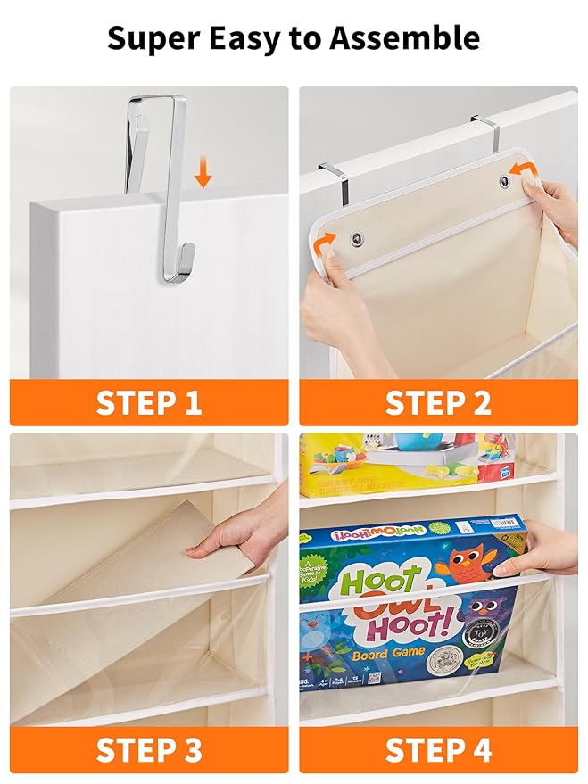 JARLINK Toy Stuffed Animal Storage, Over The Door Organizer W/Clear View Windows, 44lb Load, Baby Toy Storage Organizer for Nursery, Kid Bedroom, Newborn Baby Essentials (Beige)