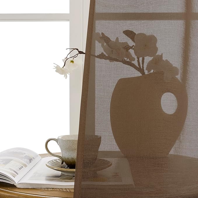 Tollpiz Sheer Door Curtain Closet Linen Textured Curtains Sheer Doorway Light Filtering Voile Patio Glass Door Rod Pocket Curtain French Door, 54 x 72 inches Long, Brown, Set of 1 Panel