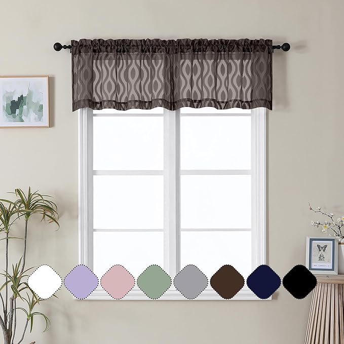 Aiyufeng Brown Valance Curtains 14 Inch Length, Chic Wavy Line Clip Jacquard Sheer Curtains for Basement Bathroom, Lightweight Solid Rod Pocket Small Window Curtains, 2 PCS, 40Wx14L Inch