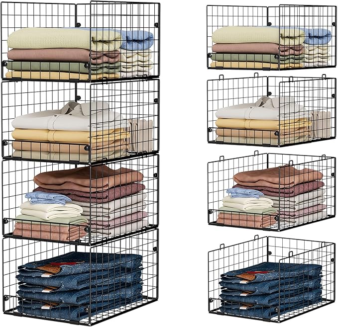 4-Tier Stackable Closet Organizers and Storage Shelves, Foldable Closet Shelf Organizer System, Stackable Storage Bins Drawers for Closet Organizer System, Black(Patent Pending)