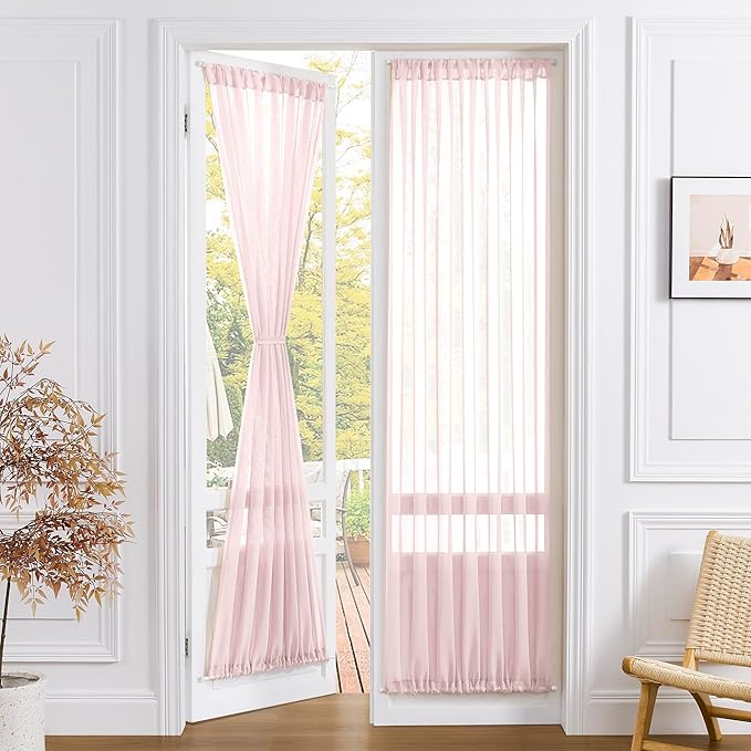 Tollpiz Sheer Door Curtains Closet Linen Textured Curtains Sheer Doorway Light Filtering Voile Rod French Door Pocket Curtain Patio Glass Door, 25 x 72 inches Long, Pink, Set of 1 Panel