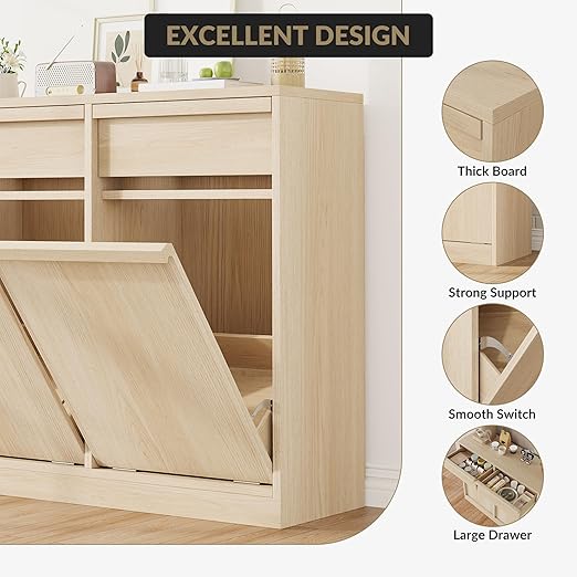 Double Tilt Out Trash Cabinet, Natural Wood Hidden Garbage Can Cabinet for 2 x 10 Gallon Bins, Modern Pet-Proof Trash Cabinets for Kitchen, Dining, Living Room Storage
