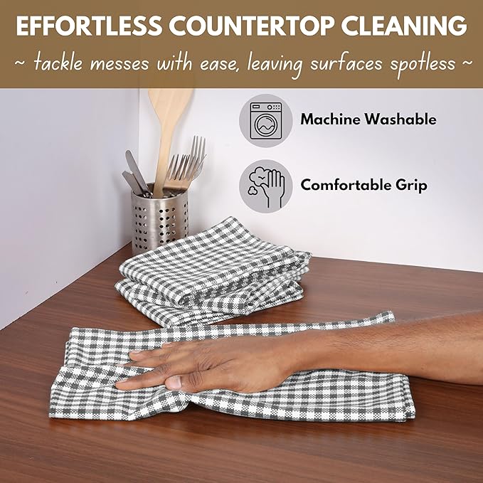 Native Fab 12 Pack Gingham Mini Check Kitchen Dish Towel Cotton Durable Washable 16"x26" - Tea Towels, Soft Absorbent Wash Cloths, Multi Purpose Towels with Hanging Loop - Grey White