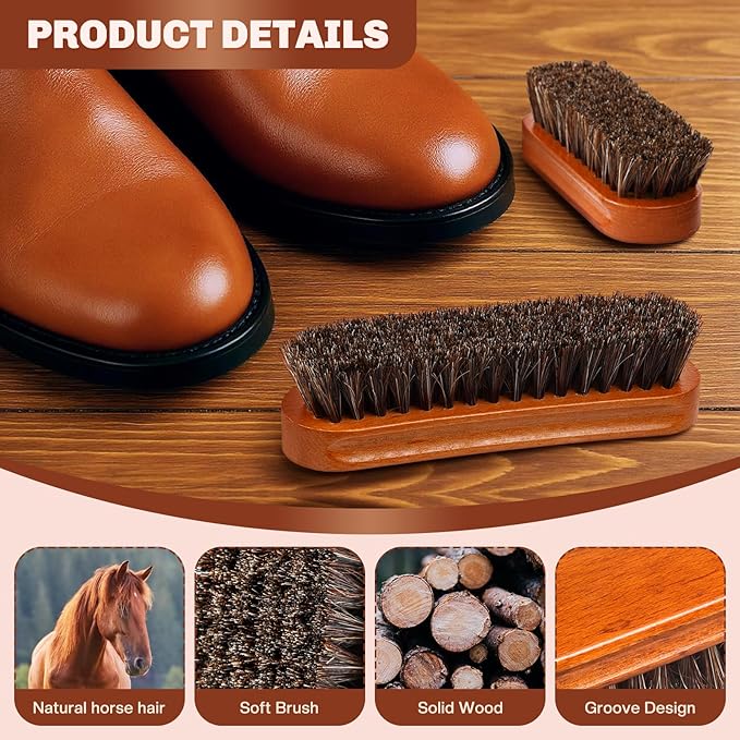 2 Pcs Horsehair Shine Shoes Brush Kit Polish Dauber Applicators Cleaning Leather Shoes Boots Care Brushes Suede Cleaner Brush(Brown Concaved Brush)