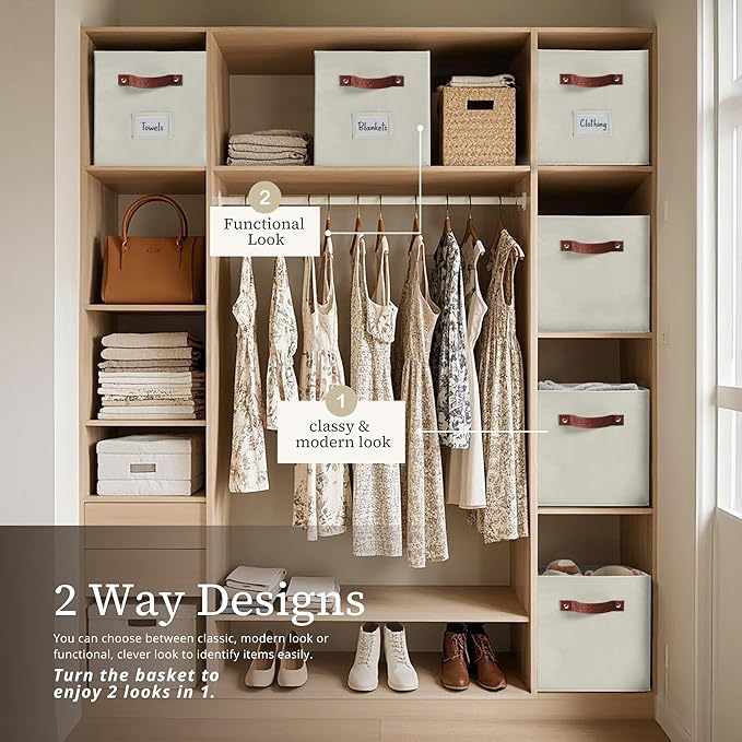 DECOMOMO Storage Bins, Cube Storage Bin with Labels, Fabric Storage Cubes for Shelves (10.5" x 11" / 2pcs, Beige)