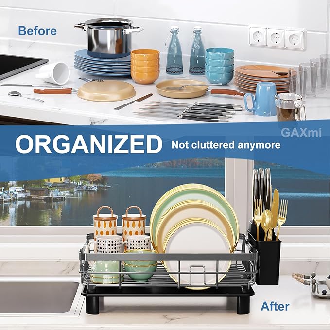 GAXmi Dish Drying Rack Over The Sink Drainer with Drainboard Utensil Holder, 1-Tier Black