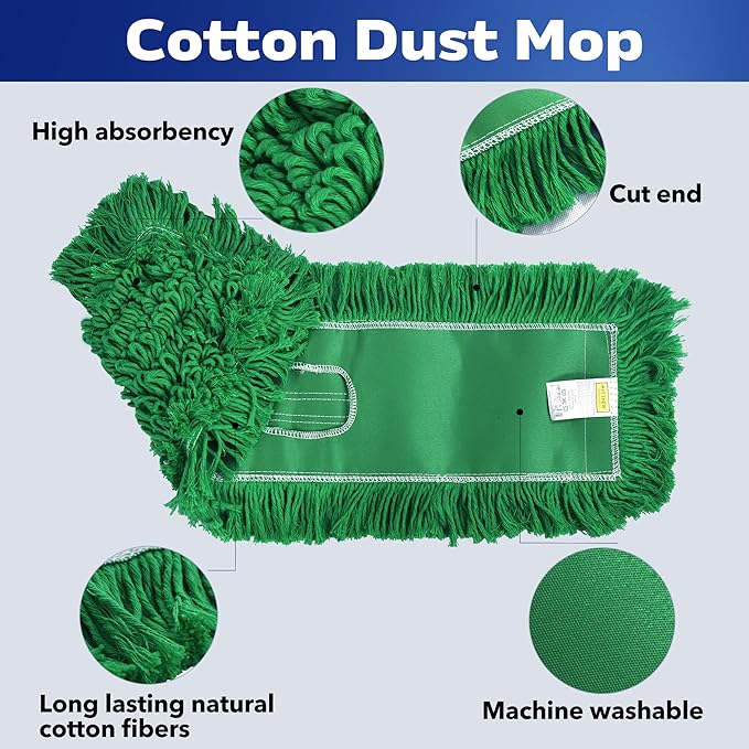 Matthew Cleaning 24'' Industrial Strength Cotton Dust Mop Refill Washable Replacement Heads for Residential & Commercial Use Fit Standard Dust Mop Frames, Hardwood,Concrete Floors Green Pack of 6