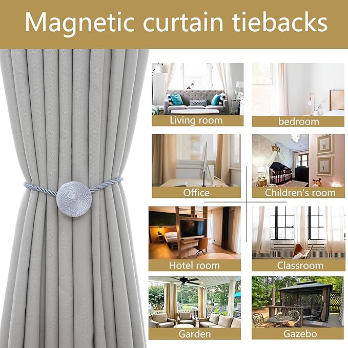 Magnetic Curtain Tiebacks - 12mm Magnetic Tie Backs for Curtains, Heavy Duty No Drill Curtain Holdbacks for Home/Office Windows Drapes, Elegant Gift-Ready Design 7 Colors (2, Gray)