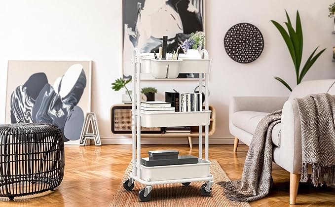 Simple Houseware 3-Tier Multifunctional Rolling Utility Cart with Hanging Bucket, White