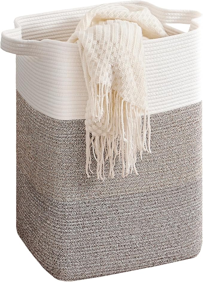 CLHMILY&Z 75L Laundry Hamper Rectangular Cotton Rope Basket - 16x13x22 Inches - Durable and Soft Storage Bin for Clothes, Toys, and Nursery Essentials, Brown & White