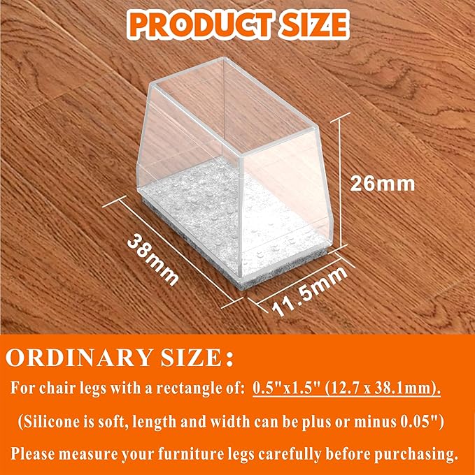 Rectangle Chair Leg Protectors for Hardwood Floors,16 PCS Silicone Covers to Protect Wood Tile Floors Felt Pads Furniture Leg Caps Reduce Noise. Easy to Move. (Clear,0.5 x 1.5 Inch, Rectangular)