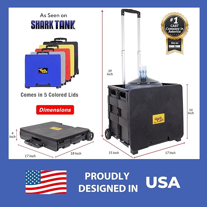 dbest products Quik Cart Collapsible Rolling Crate on Wheels for Teachers Tote Basket 80 lbs Capacity, Made from Heavy Duty Plastic Used as a Seat, Black