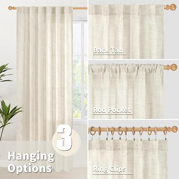 YoungsTex Linen Curtains 45 Inch Length for Kitchen Window, Cream Short Semi Sheer Drapes with Rod Pocket Back Tab Light Filtering Textured for Living Room Bedroom Bathroom, 2 Panels, 42 X 45 Inch