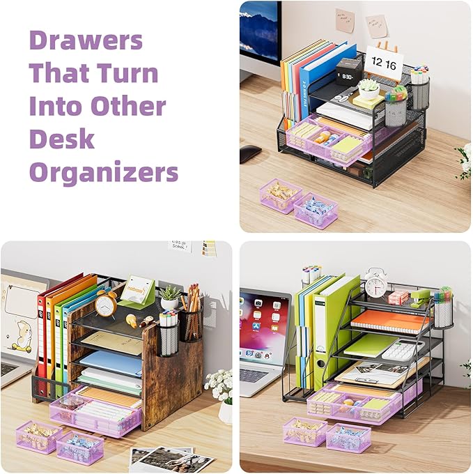 Marbrasse 3 Packs Desk Drawer Organizers, Metal Mesh Dividers with 9 Adjustable Compartments, Pen Organizer for Drawer Tray Box Accessories for Desktop,Kitchen, Makeup(Purple)