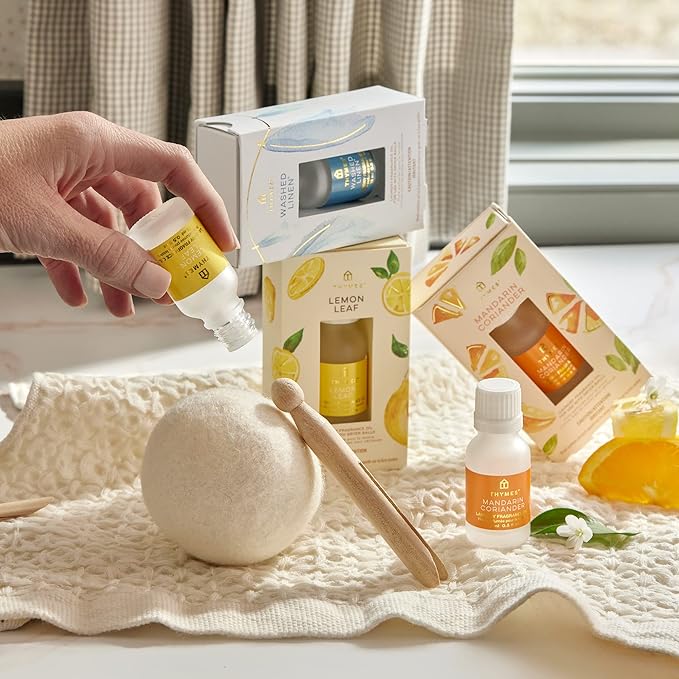 Thymes Wool Dryer Balls Set – Includes 3 Wool Laundry Balls + 1 Scented Laundry Fragrance Oil for Dryer – Eliminate Wrinkles, Static & Lint (Washed Linen, 0.5 fl oz)