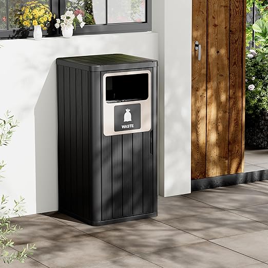 22 Gallon Outdoor Trash Can Waterproof Resin Garbage Can with Waste Labels Outside Trash Bin for Patio Kitchen Commercial Garbage Can Backyard or Deck Black