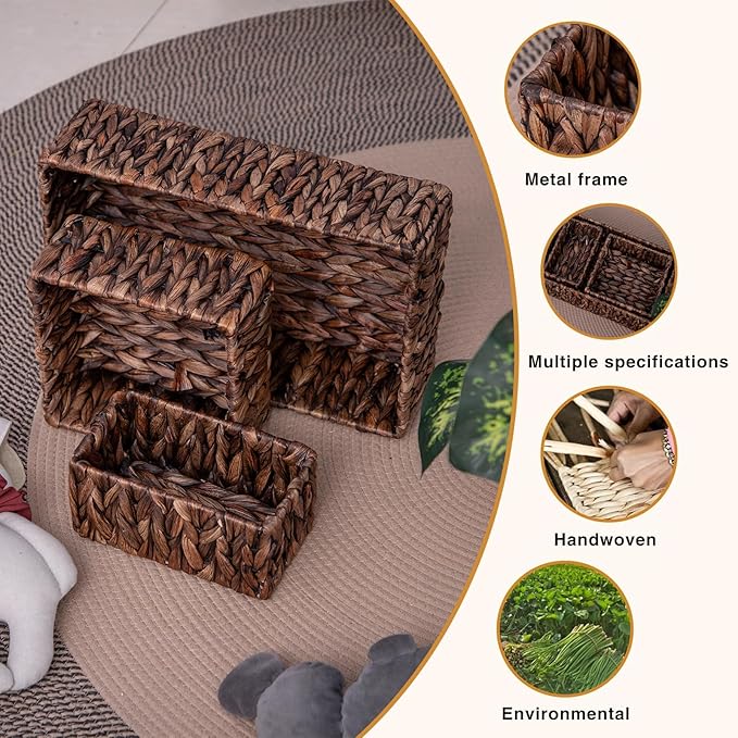 Handwoven Wicker Storage Baskets Set, Natural water hyacinth & Iron Frame | Triple Sizes (Small, Medium, Large) for Home Organizing, Bathroom, Shelves | Woven Baskets for Storage & Decor (Dark Brown)