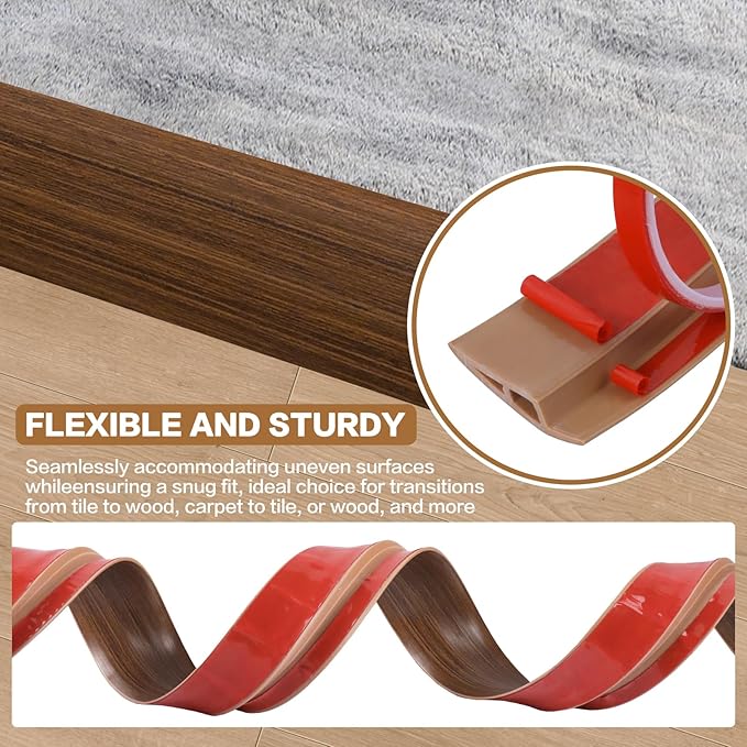 Floor Transition Strip Vinyl Door Threshold Ramp Self Adhesive Carpet Edging Strip Doorway Edge Trim, Overlap Edge Reducer for Laminate Carpet, Floor, Tile (Brown Wood Grain, 2/5" to 3/5", 10Ft)