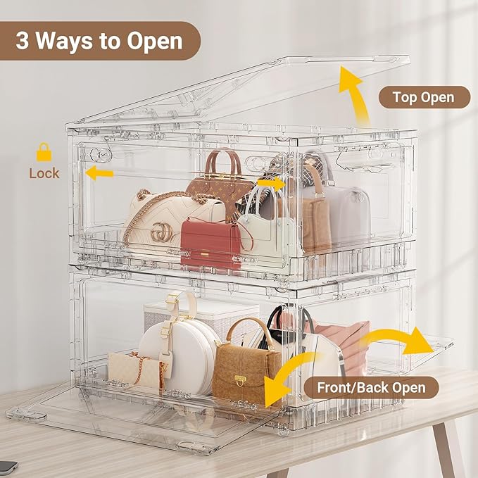 BROVIEW Clear Stackable Storage Bins Drawers, Open Front Large Plastic Storage Bins with Lids, Foldable Closet Organizers and Storage for Wardrobe Cabinets, Pantry, Makeup,2 Pack