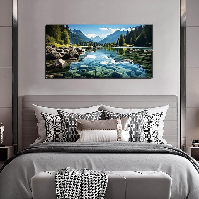 GUGIKA Landscape Wall Art for Living Room, Mountain and Lake Wall-Decor for Bedroom, Natural Scenery Canvas Prints Pictures for Hallway Office, Size 48 x 24 Inches
